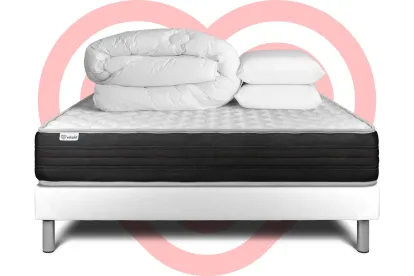 Pack lit complet 200x200 cm - Matelas + Sommier Blanc (en kit) + 2 oreillers + Couette - Vitalmemo One