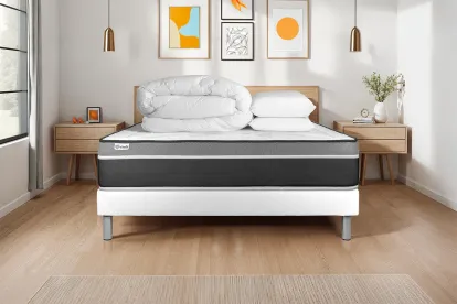Pack lit complet 200x200 cm - Matelas + Sommier Blanc (en kit) + 2 oreillers + Couette - Vital Care