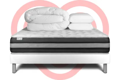 Pack lit complet 160x200 cm - Matelas + Sommier Blanc (en kit) + 2 oreillers + Couette - Vitalspring Zen