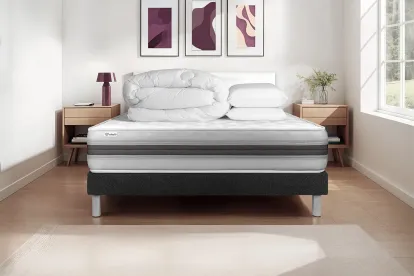 Pack lit complet 140x190 cm - Matelas + Sommier Noir (en kit) + 2 oreillers + Couette - Vitalmemo Back