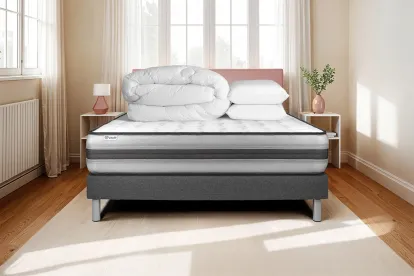 Pack lit complet 180x200 cm - Matelas + Sommier Gris (en kit) + 2 oreillers + Couette - Vitalpower Recover
