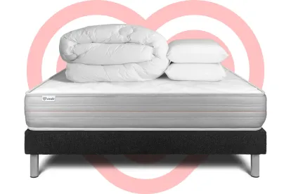 Pack lit complet 140x190 cm - Matelas + Sommier Noir (en kit) + 2 oreillers + Couette - Vitalmemo