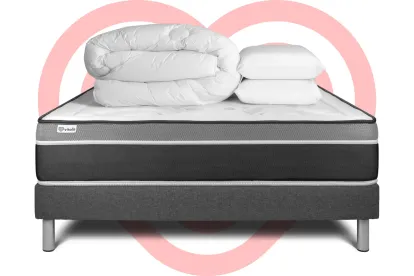Pack lit complet 200x200 cm - Matelas + Sommier Gris (en kit) + 2 oreillers + Couette - Vital Care